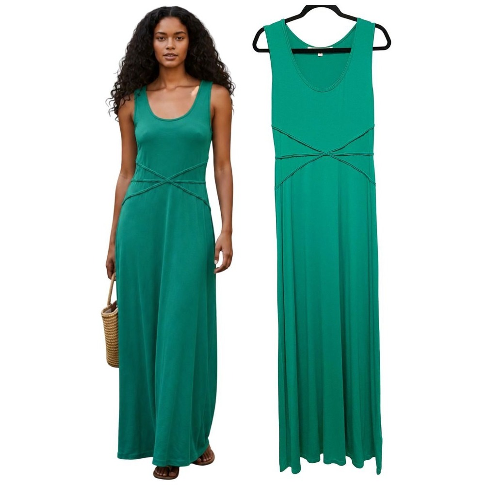 Max Studio Green Maxi Dress Medium Sleeveless Stretch Jersey Criss Cross Waist